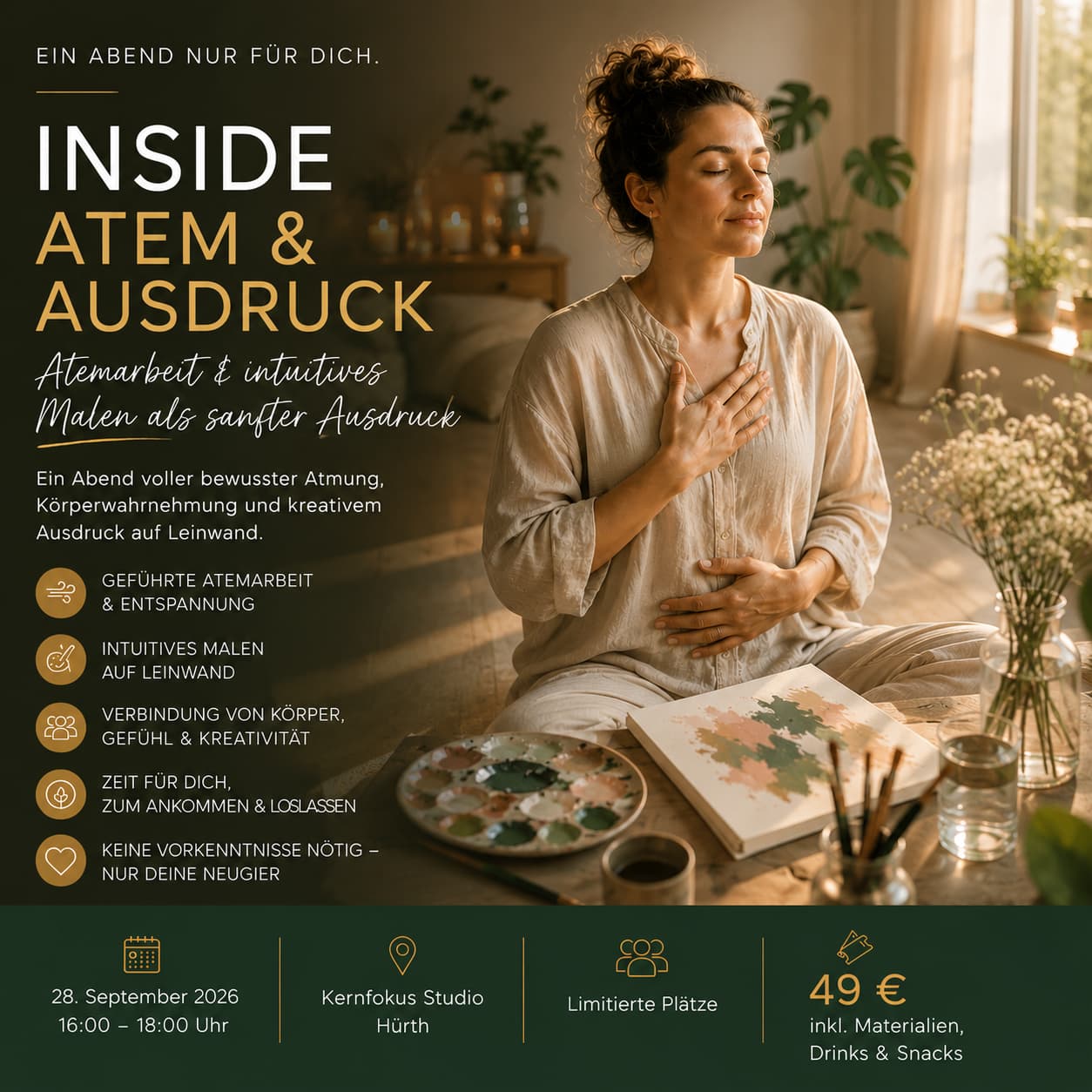 Workshop für besondere Reflexion. Zugang zum Inneren über den Atem und Ausdruck auf Leinwand für nachhaltige Entwicklung.