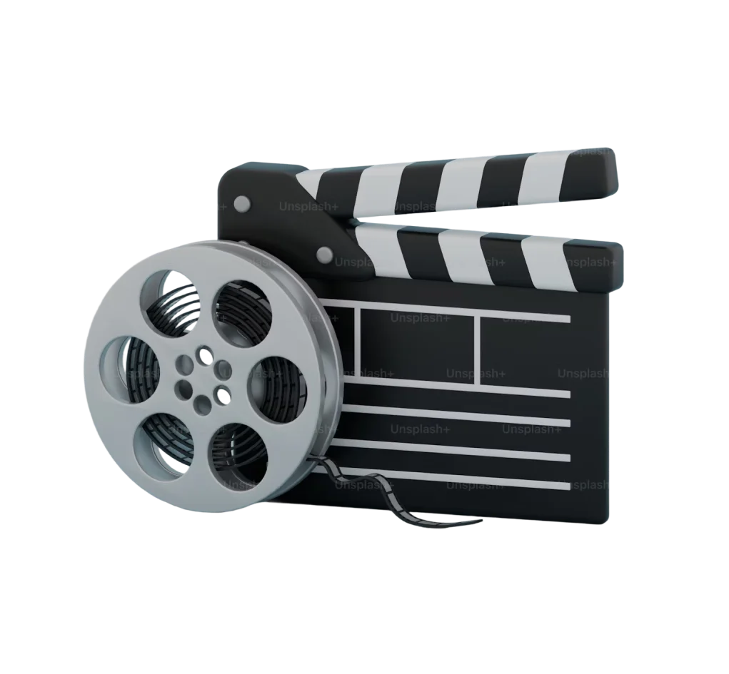 Film reel and clapperboard on a dark background.