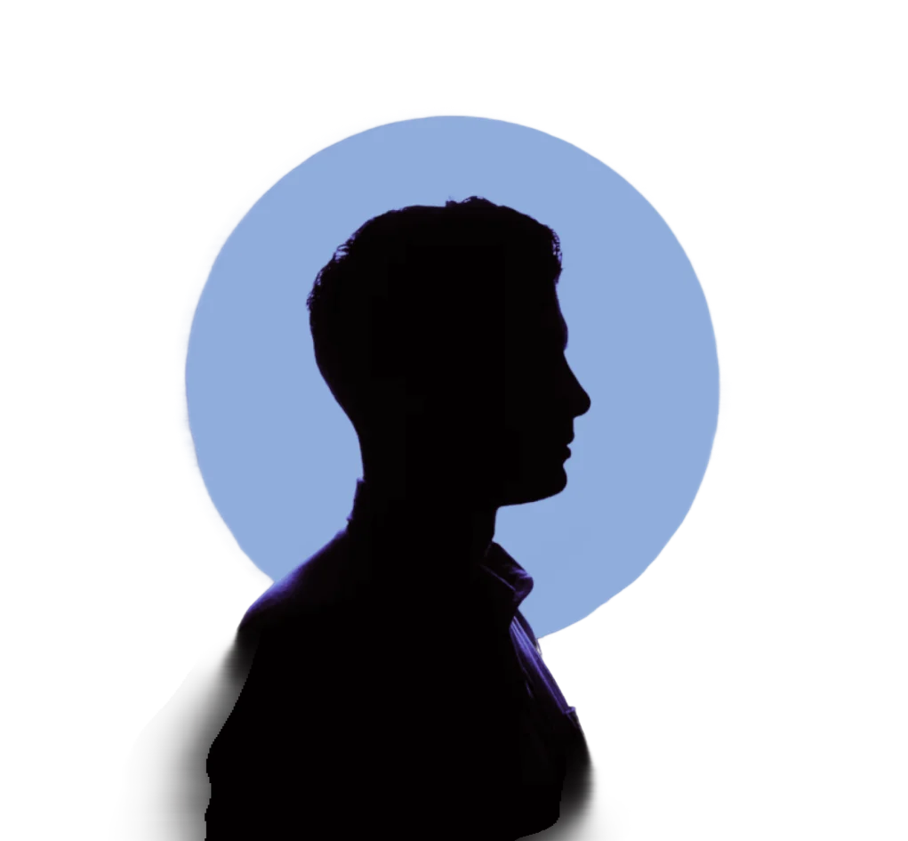 Silhouette of a man in profile against a blue circular background.