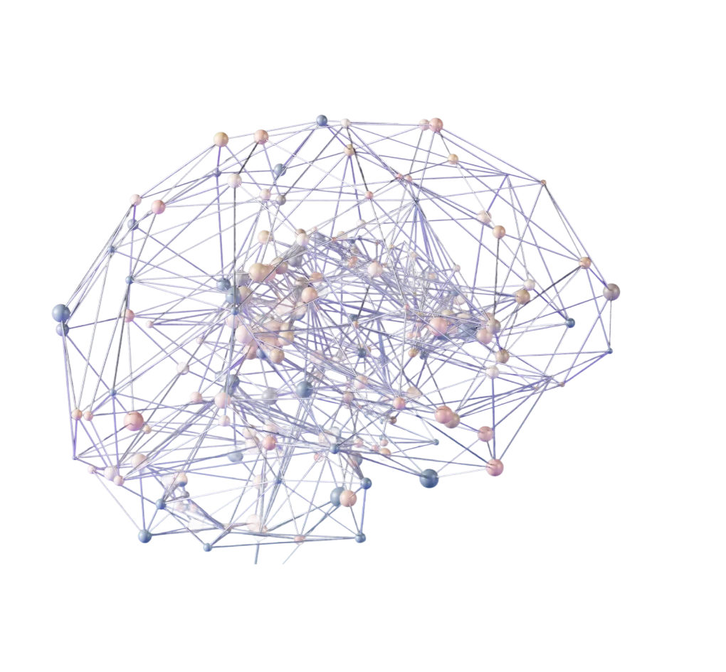 Abstract digital brain made of interconnected nodes and lines on a dark background.