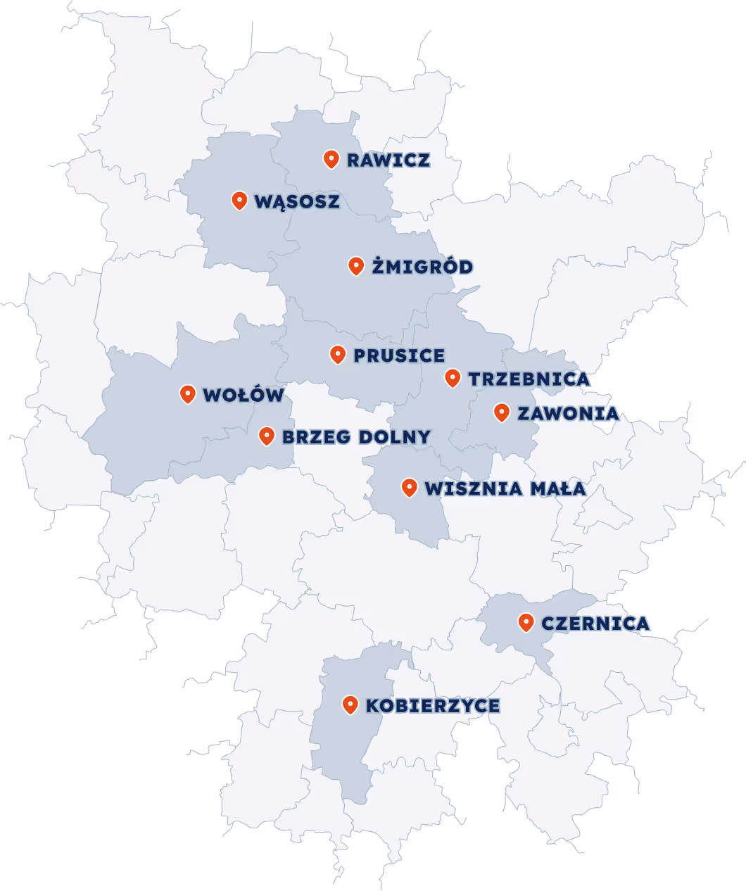 Mapa Dolnego Śląska przedstawiająca obszar działania komunikacji liniowej Turbo-Trans, z zaznaczonymi obsługiwanymi gminami: Brzeg Dolny, Czernica, Kobierzyce, Rawicz i Wisznia Mała.