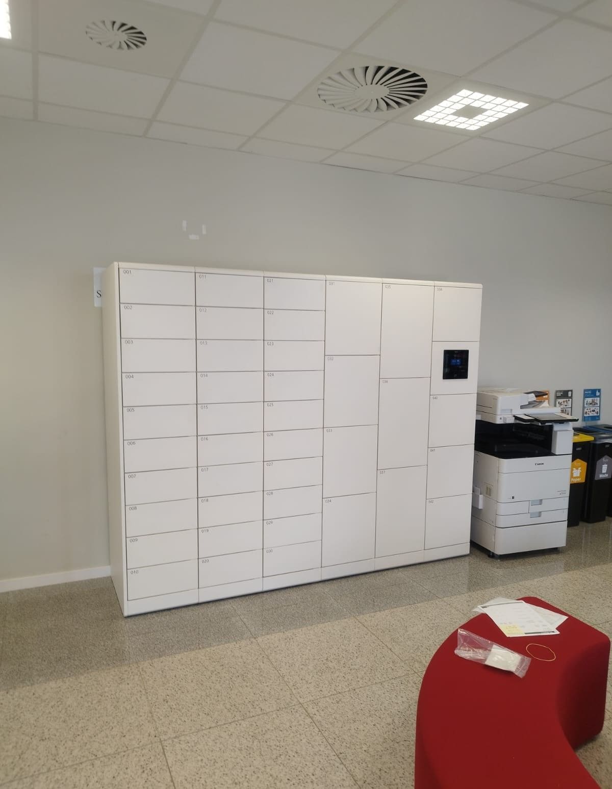 Smart lockers used for workplace package management in a corporate office