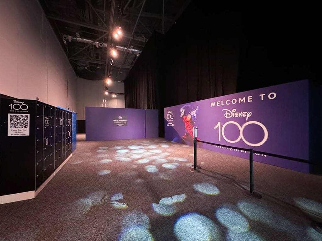 Coat and bag storage lockers in an exhibition center entrance area