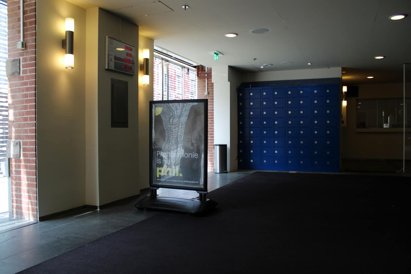 Secure guest bag and coat storage lockers in a concert hall venue