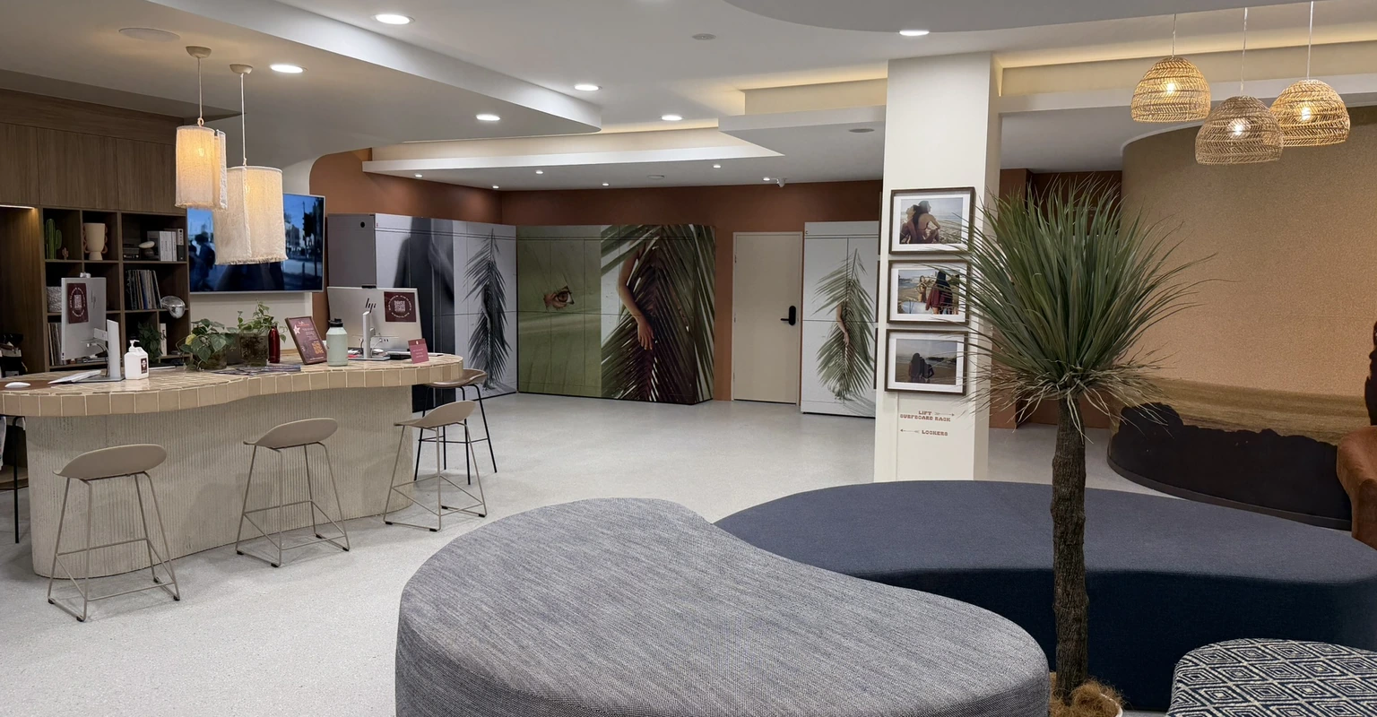 Drifter lobby with custom luggage storage integrated into the interior