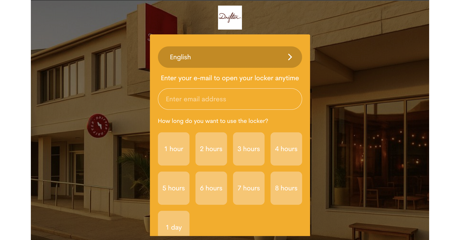 Drifter branded Keynius WebApp showing email entry and storage duration choices