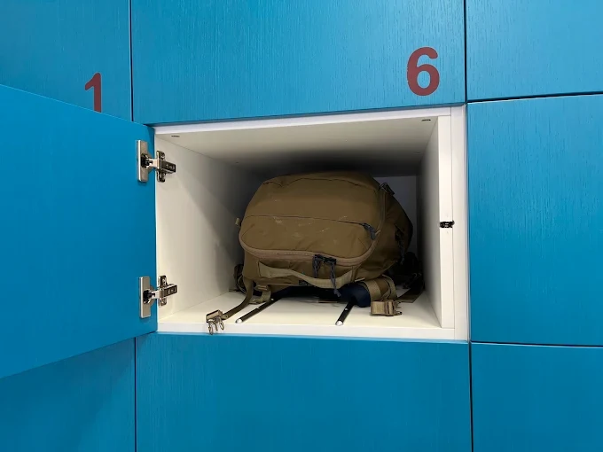A backpack stored inside a LOC Mykonos luggage locker