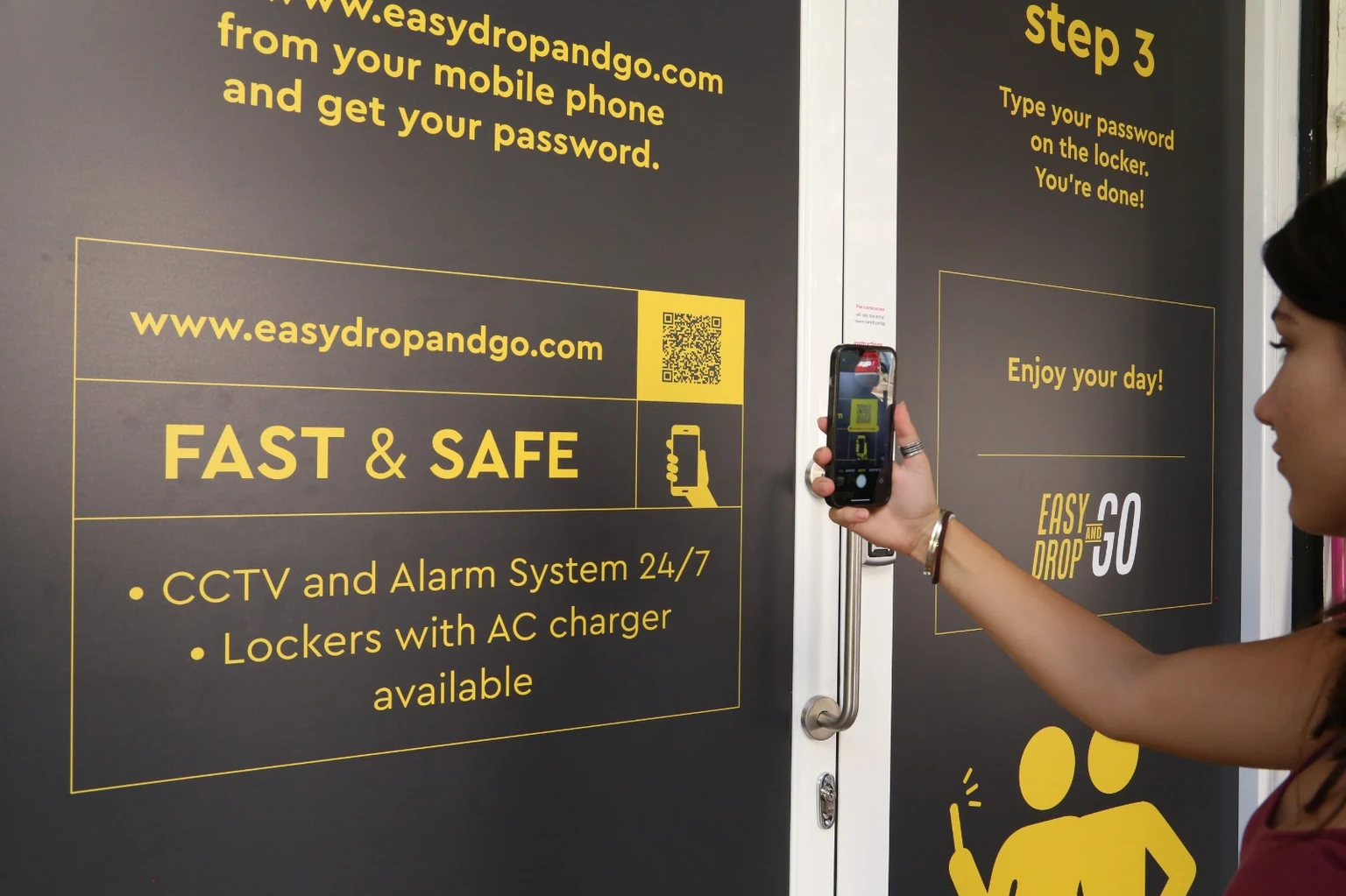 Mobile booking instructions and QR code at Easy Drop & Go