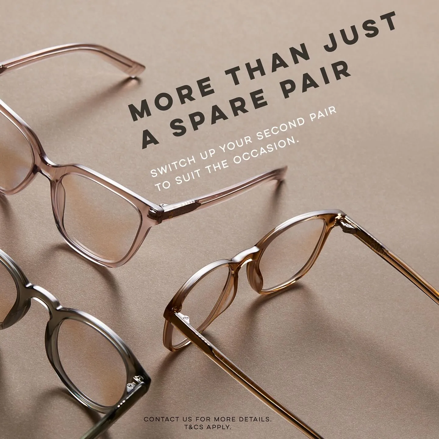 Three stylish eyeglasses in neutral tones showcasing different frame options