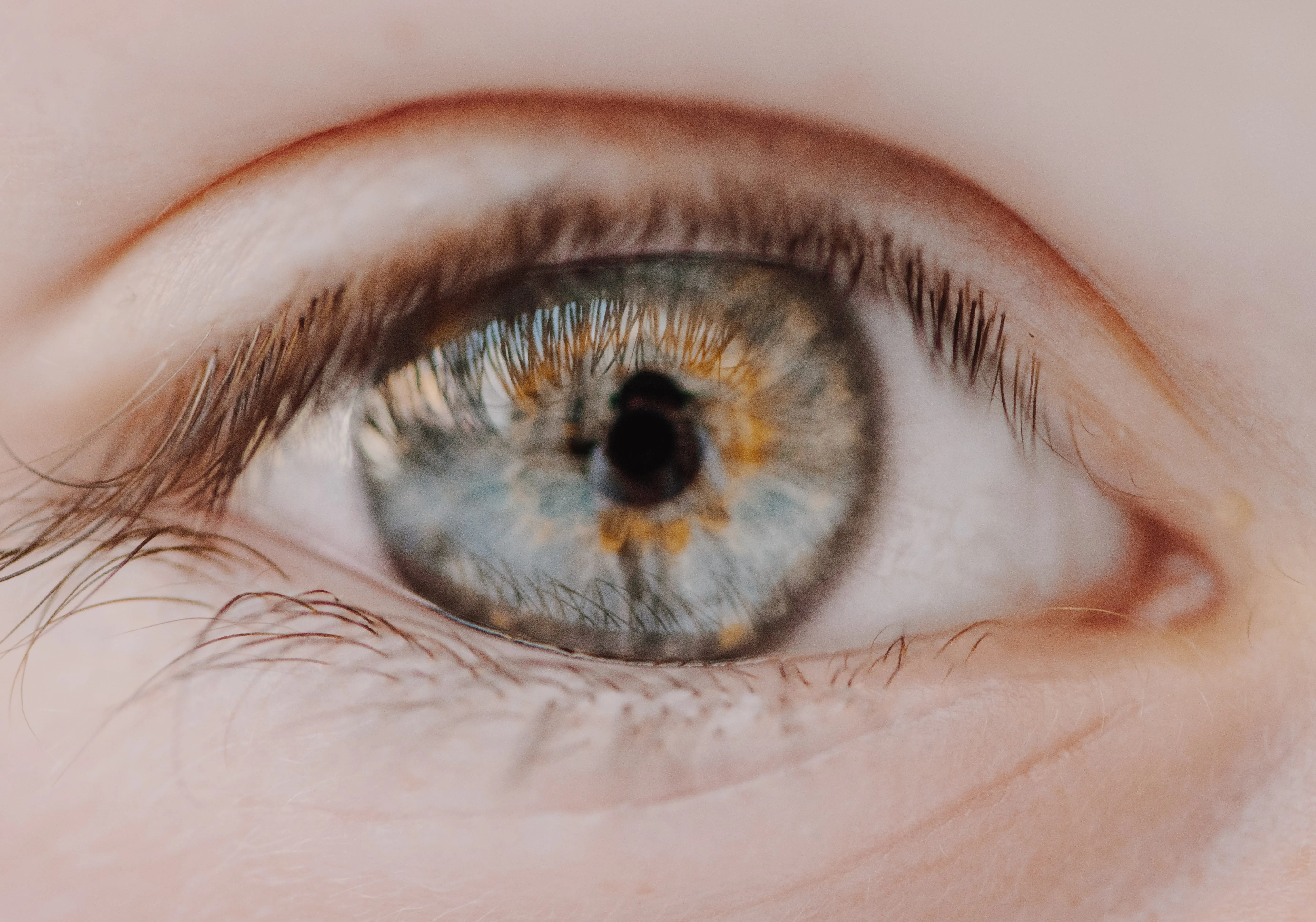 Extreme close-up of a blue-green human eye with detailed iris texture