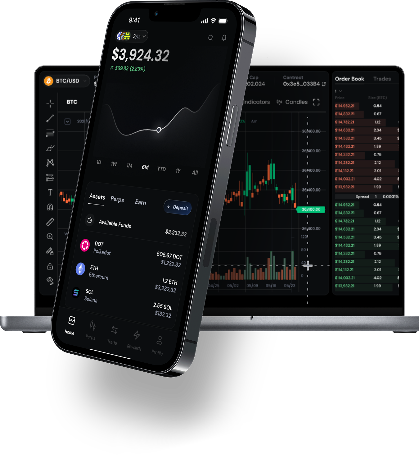 Nika mobile app and desktop trading dashboard showing portfolio balance, charts, and order book.