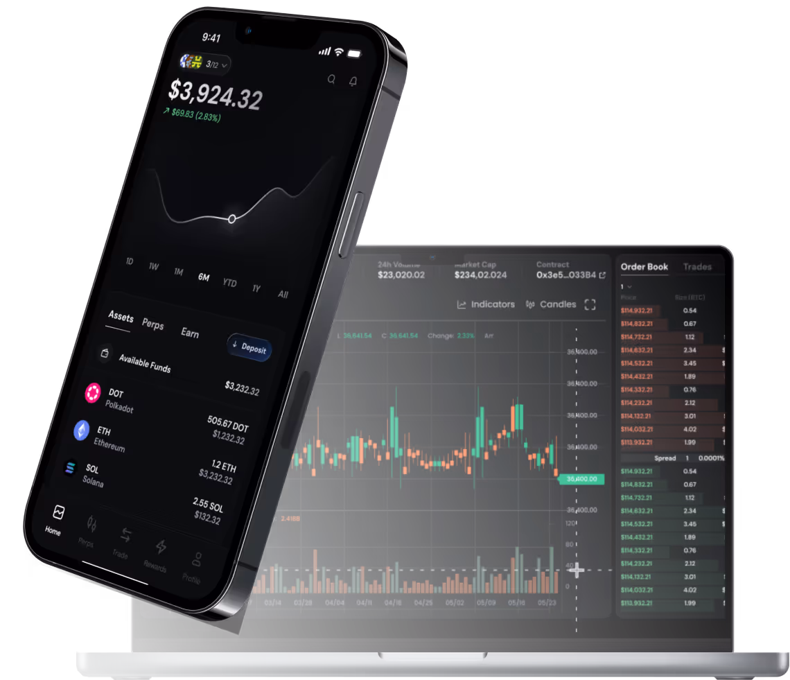Nika mobile app and desktop trading dashboard showing portfolio balance, charts, and order book.