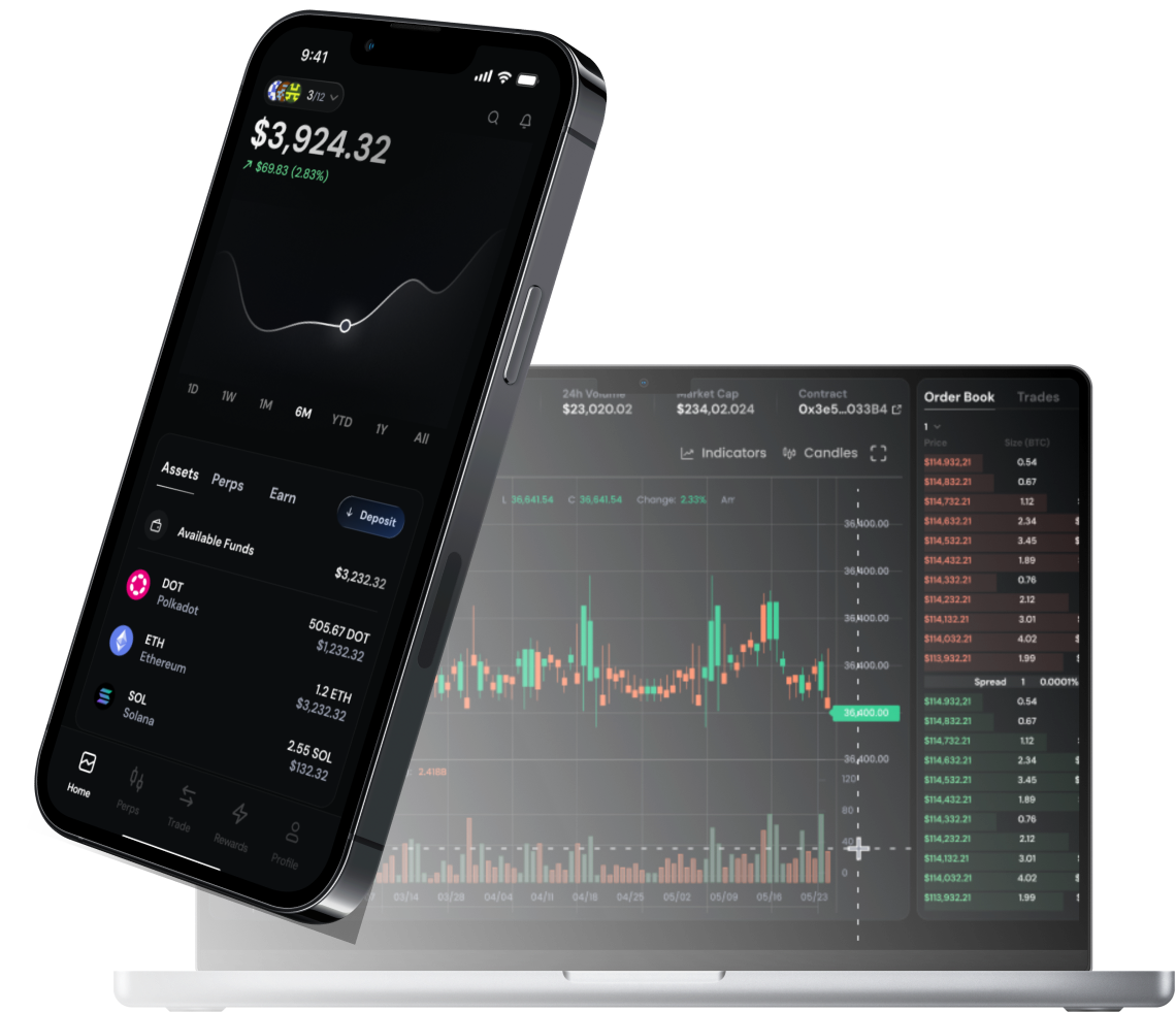 Nika mobile app and desktop trading dashboard showing portfolio balance, charts, and order book.