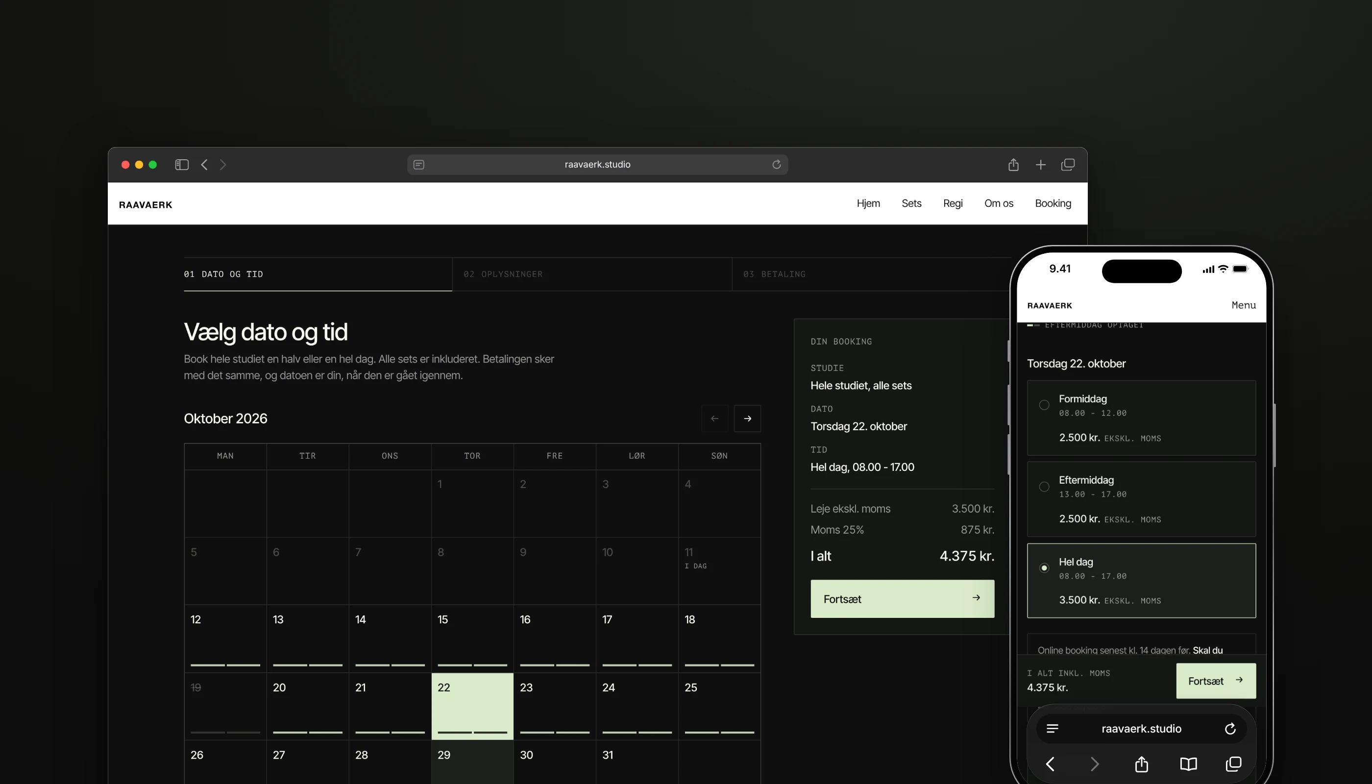 RAAVAERKs bookingmodul på desktop og mobil med kalender og pris