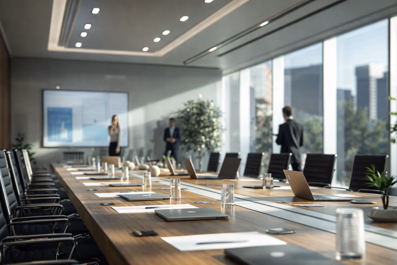 Modern conference room with a long wooden table, laptops, glass cups, and office chairs, with large windows showing city buildings and three blurred people in the background.