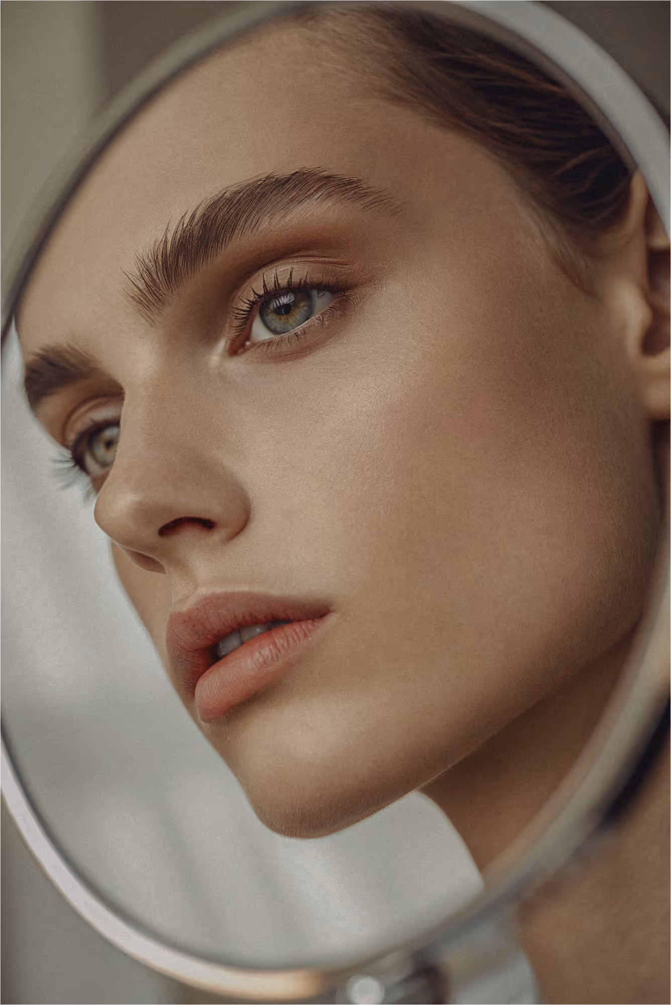 A woman's face is reflected in a mirror.