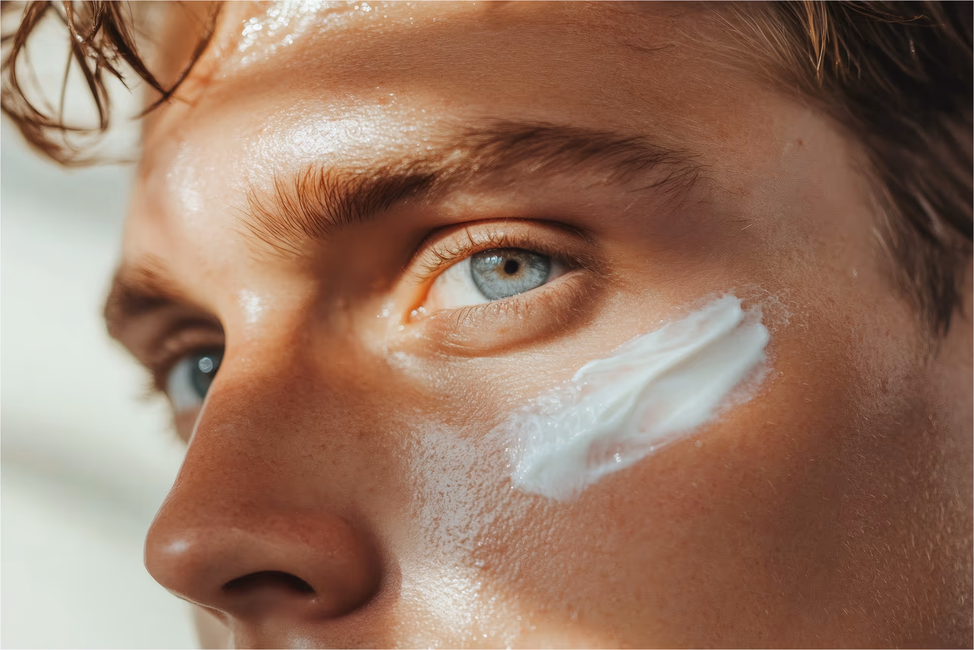 A close up of a man's face with a lot of cream on his.