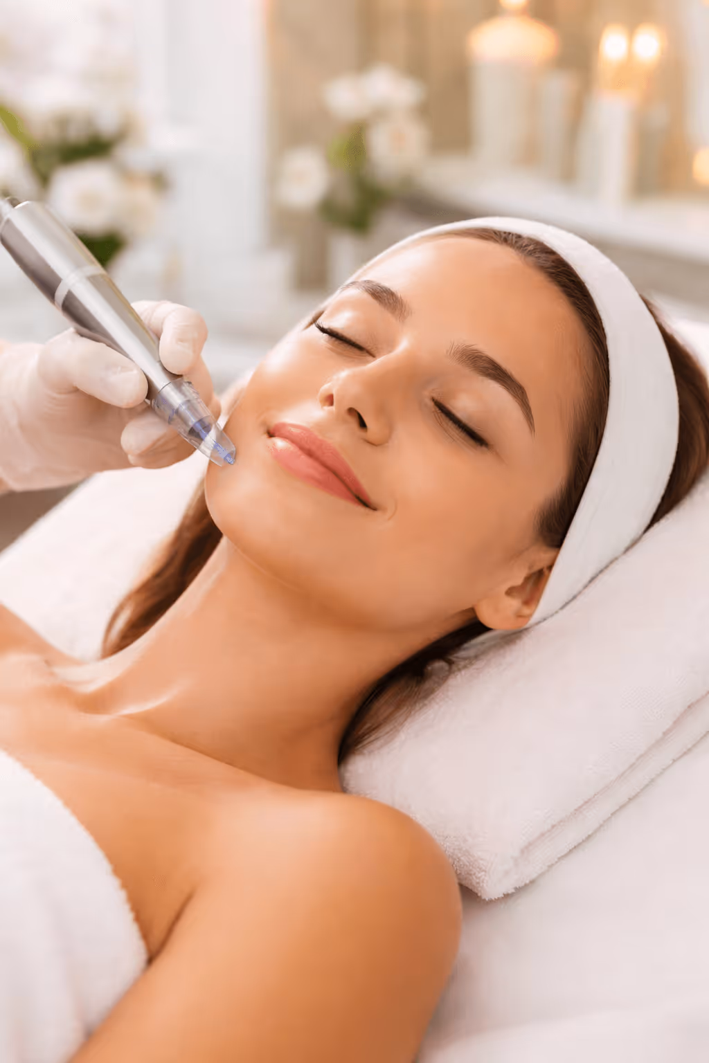 Woman receiving professional microneedling treatment at Glowtox in Manhattan to improve skin texture and radiance.