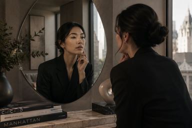 Provider assessing facial proportions before a facial balancing consultation in West Village Manhattan