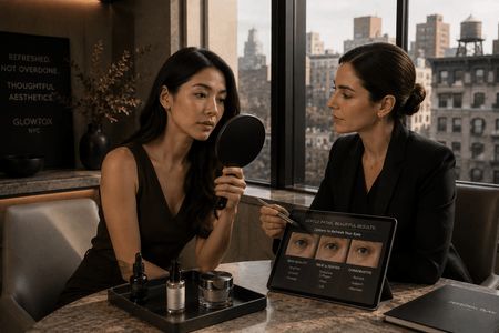 Provider evaluating the eye area during a consultation to determine an appropriate treatment approach in Greenwich Village Manhattan