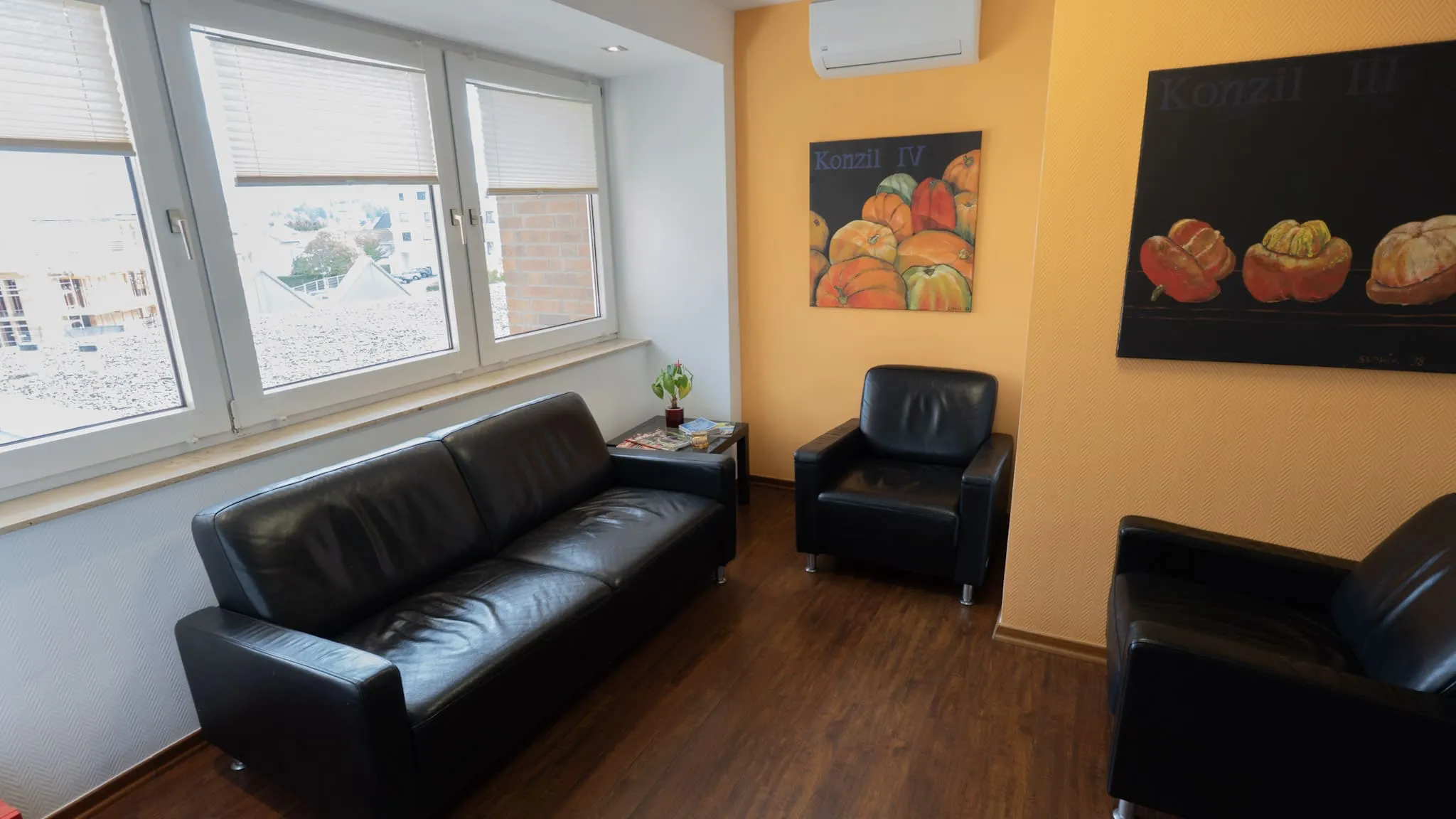 Wartezimmer einer Zahnarztpraxis mit schwarzen Ledersesseln, Kunst an der Wand und großer Fensterfront.