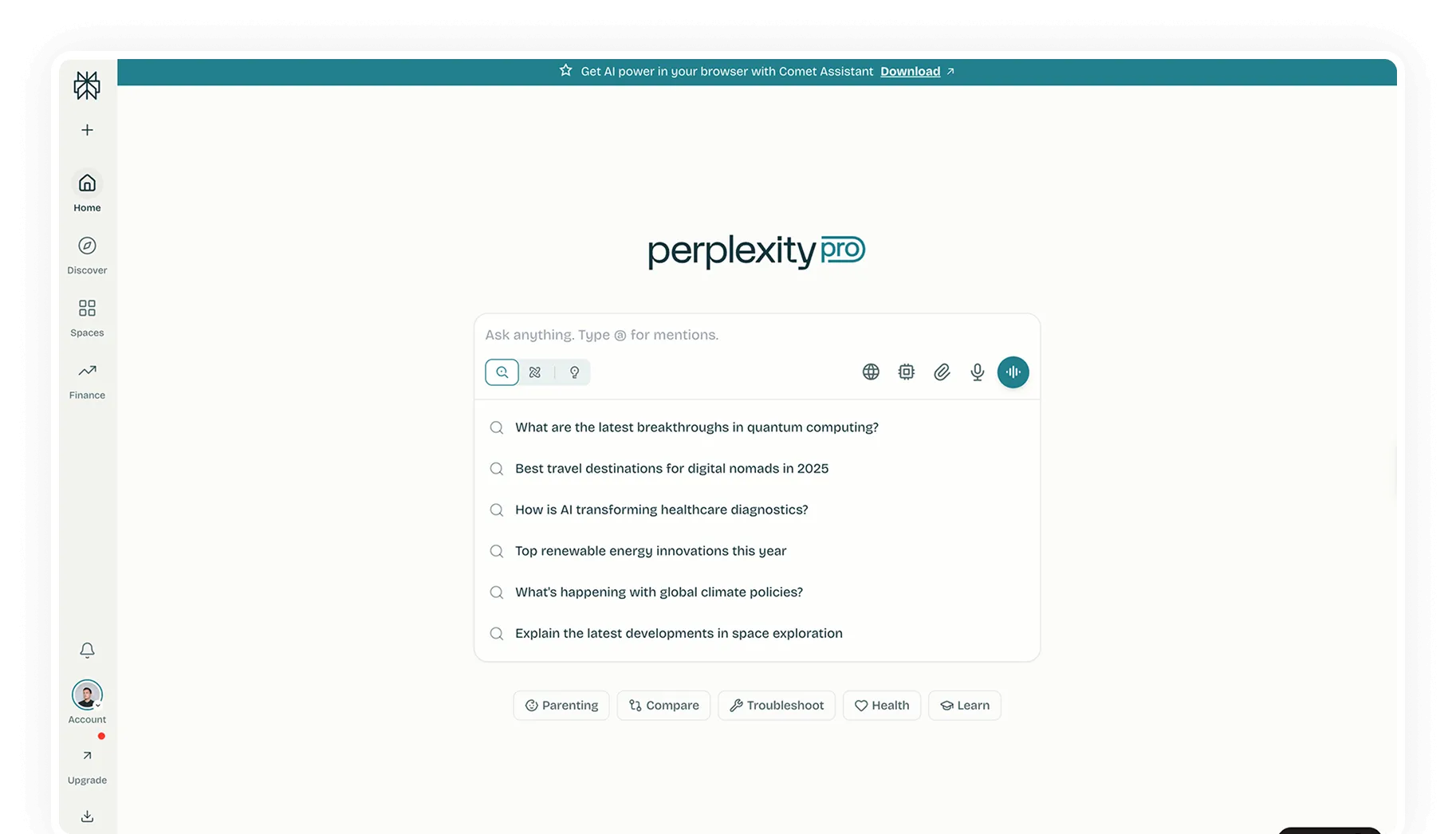 Perplexity Pro web interface showing a search bar with suggested questions on quantum computing, travel, AI in healthcare, renewable energy, climate policies, and space exploration.