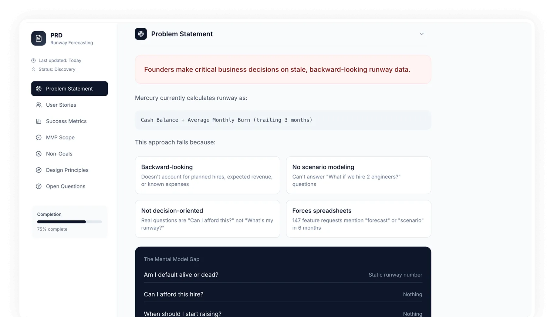 User interface screen showing a Problem Statement for Runway Forecasting with issues of stale backward-looking data, current calculation formula, and reasons why it fails including no scenario modeling and reliance on spreadsheets.