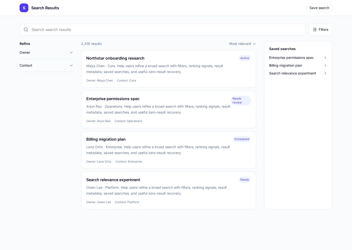 Search results screen with faceted filters, result rows, and saved search actions