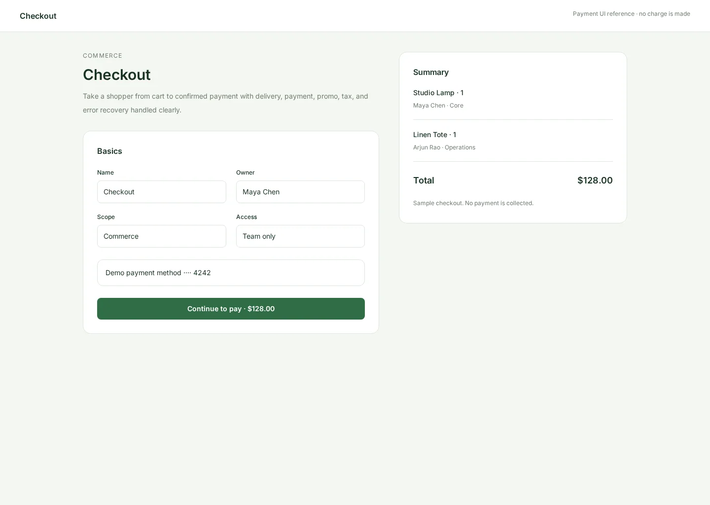 Checkout UI with order summary, payment details, and purchase actions