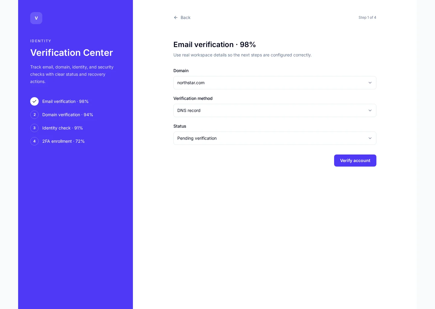 Verification Center user interface with Checks and Domains sections