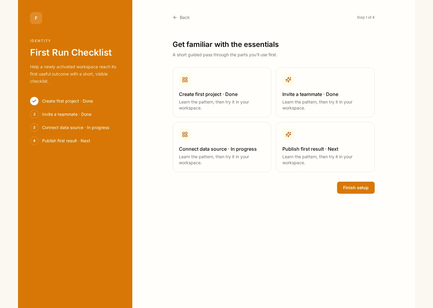 First Run Checklist screen with Checklist and Quick starts sections