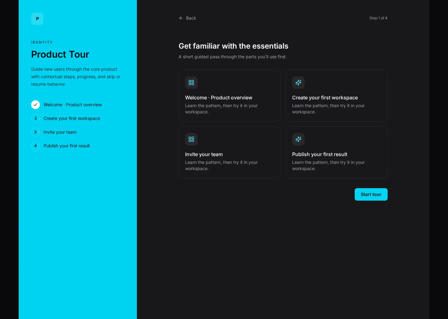 Product Tour screen with Tour and Steps sections