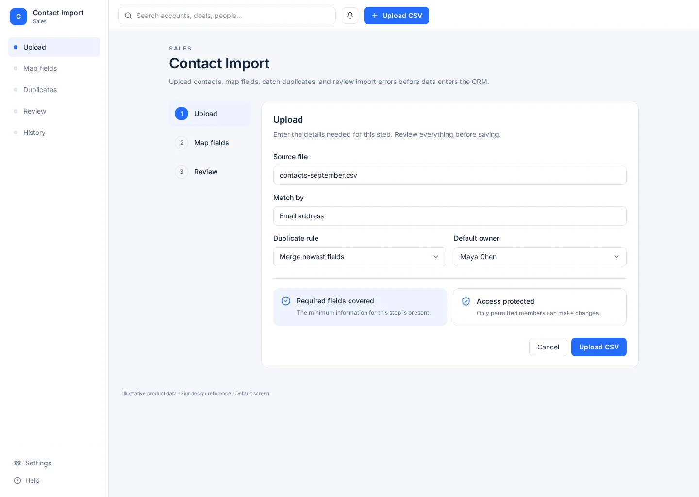 Contact Import screen with Upload and Map fields sections