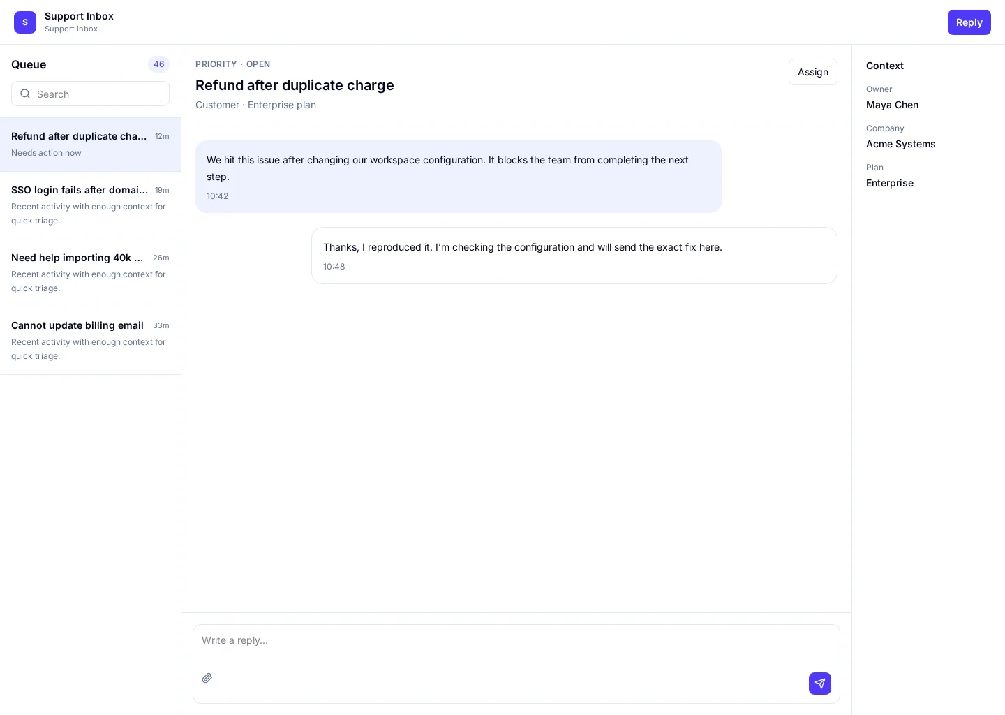 Support Inbox interface with Inbox and Assigned sections