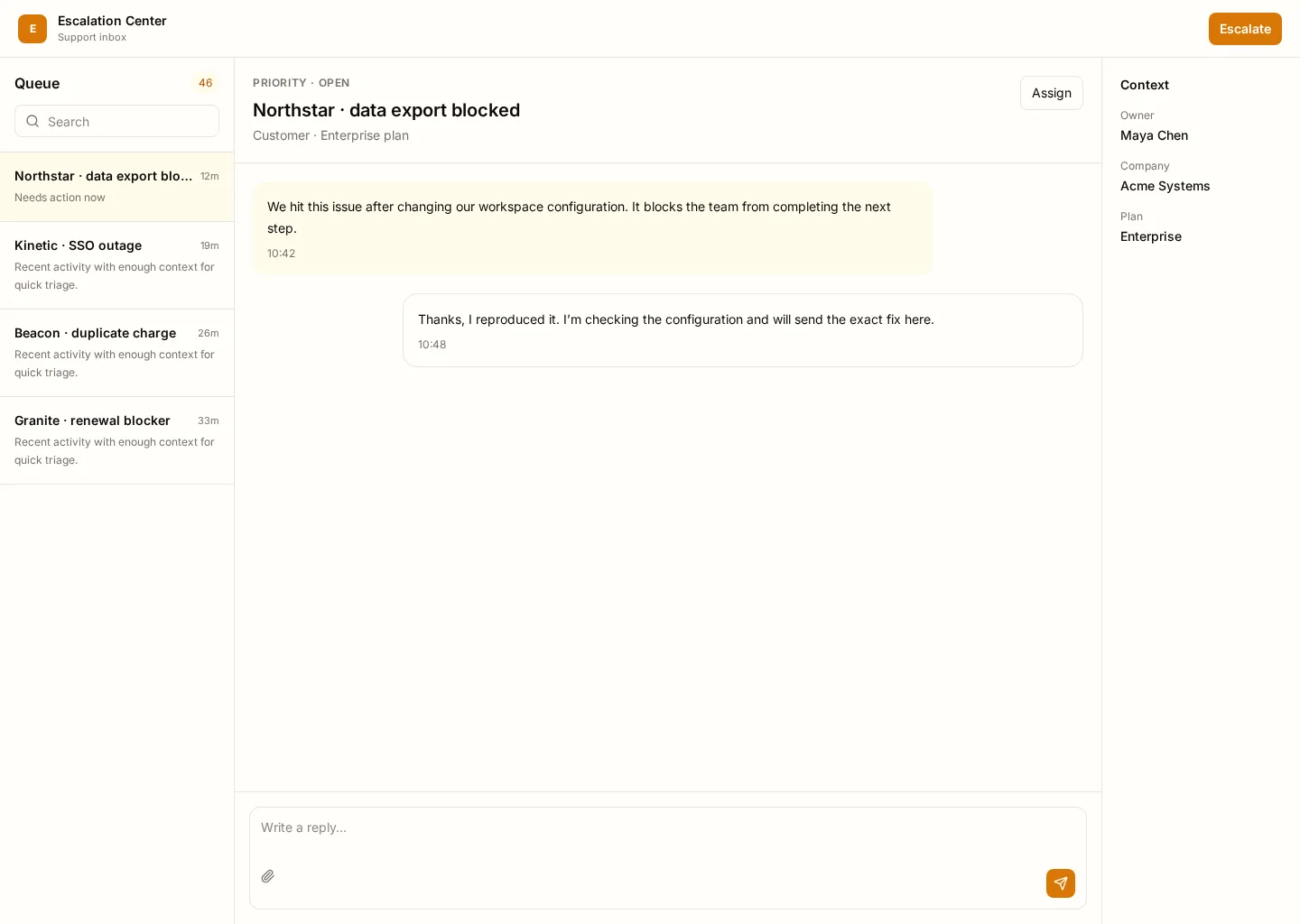 Escalation Center interface with Escalations and Incidents sections