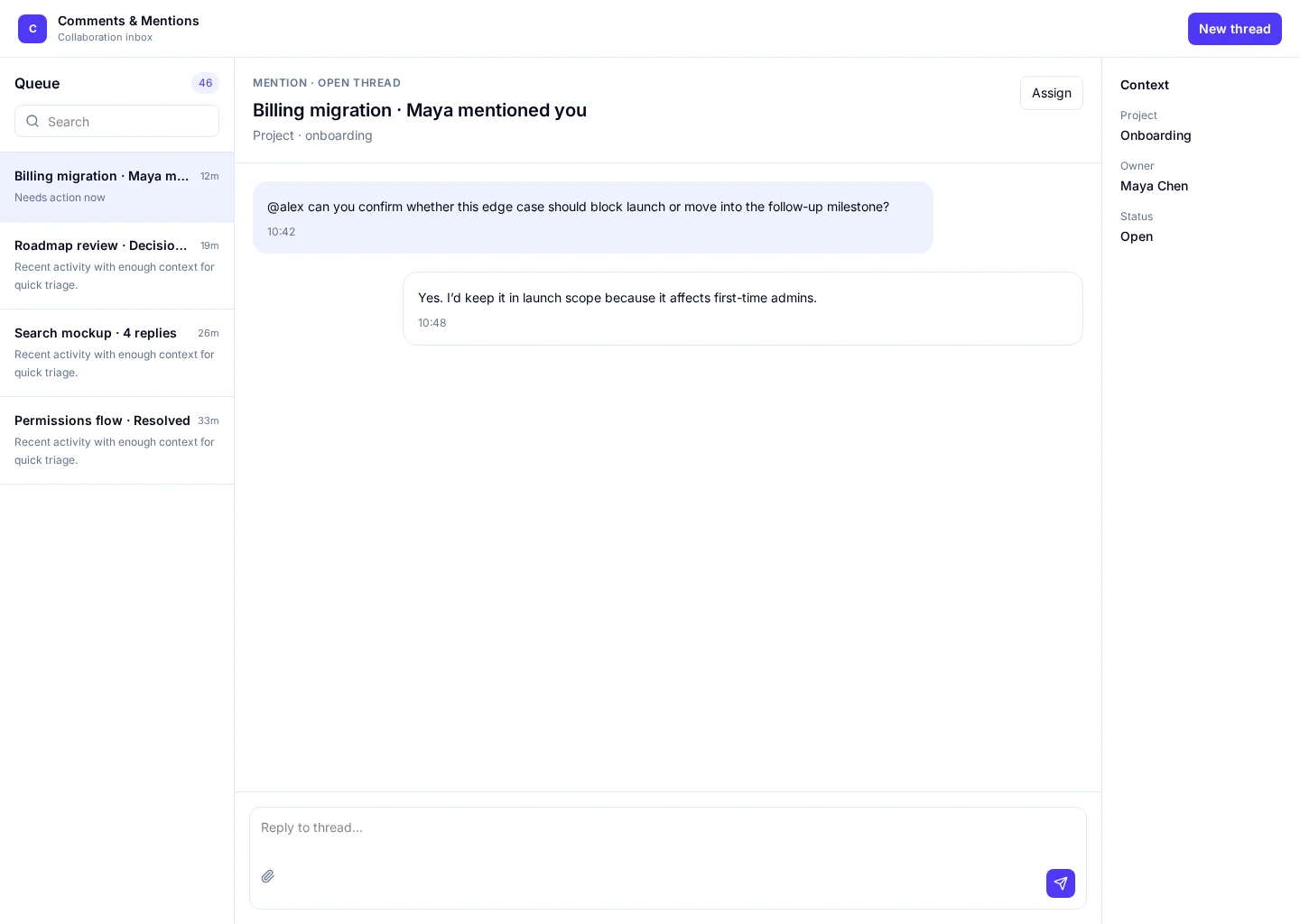Comments & Mentions interface with Mentions and Assigned sections