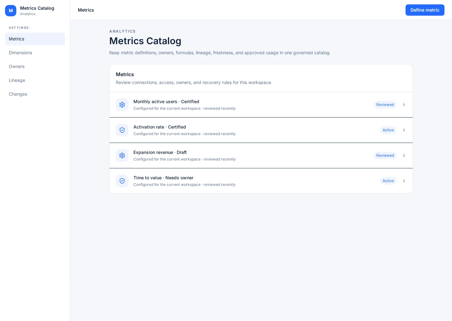Metrics Catalog interface with Metrics and Dimensions sections