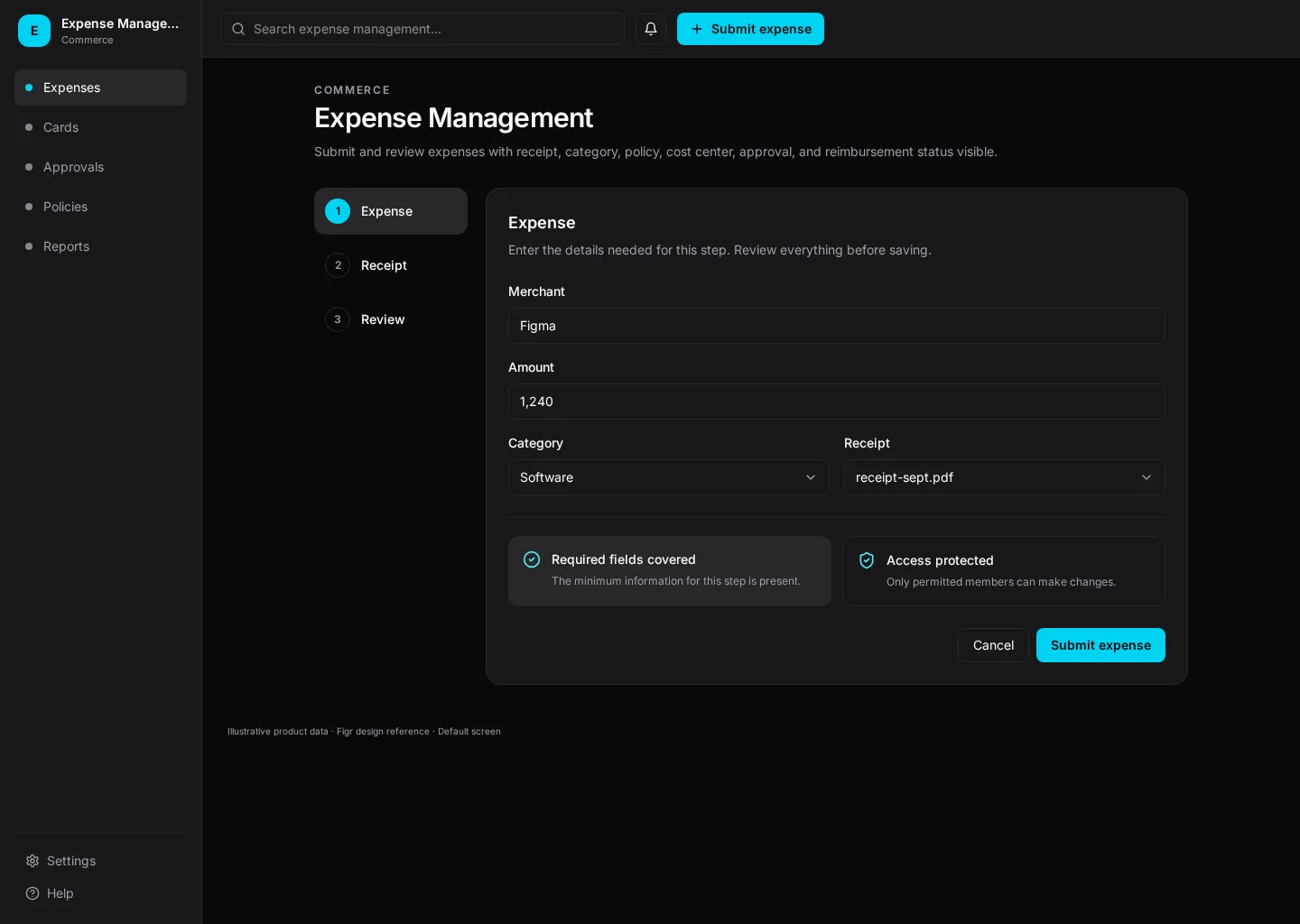Expense Management interface with Expenses and Cards sections