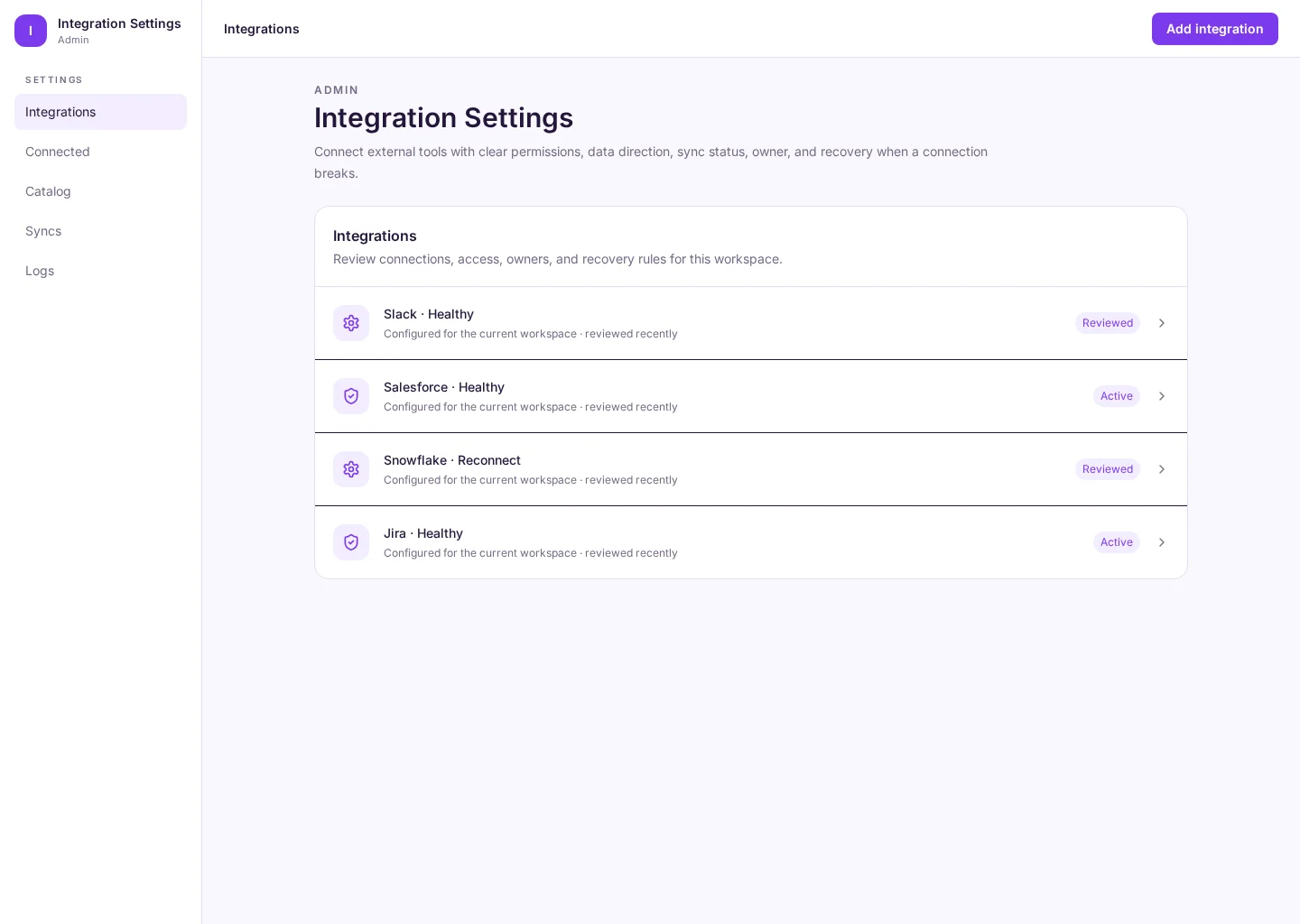 Integration Settings interface with Integrations and Connected sections