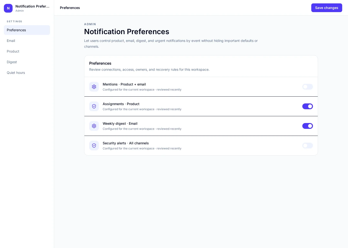 Notification Preferences interface with Preferences and Email sections