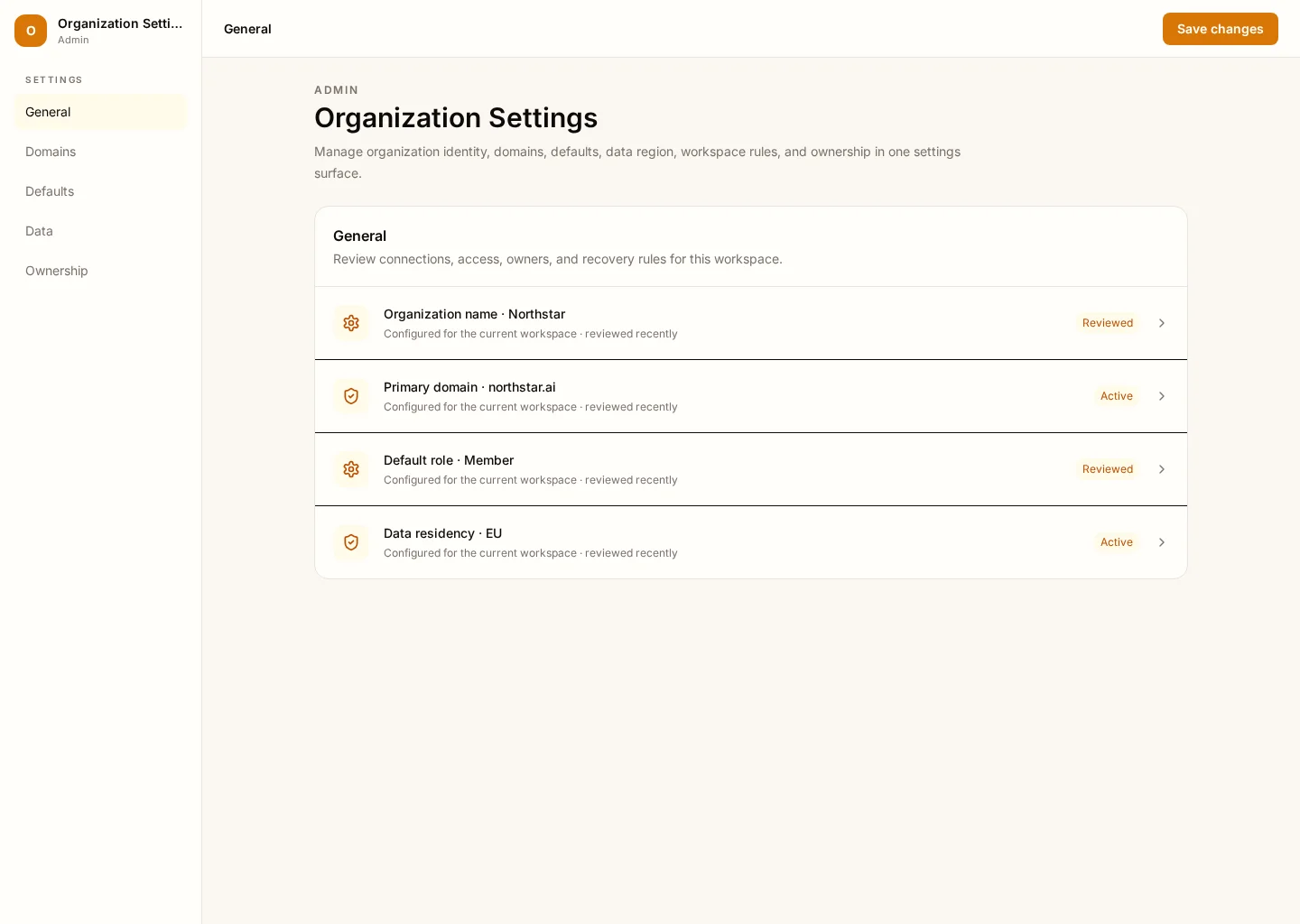 Organization Settings interface with General and Domains sections