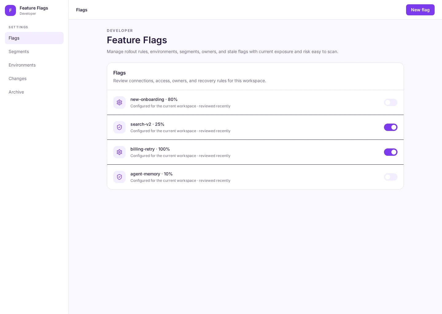 Feature Flags interface with Flags and Segments sections