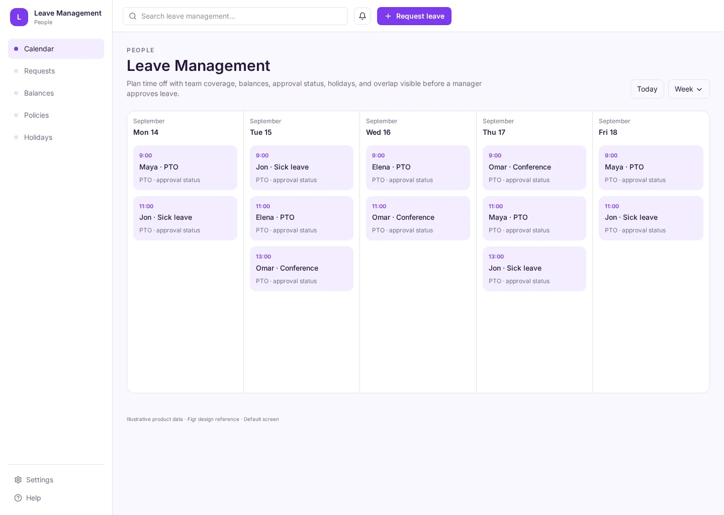 Leave Management interface with Calendar and Requests sections