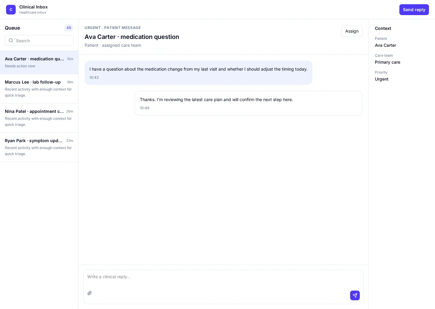 Clinical Inbox interface with Inbox and Assigned sections