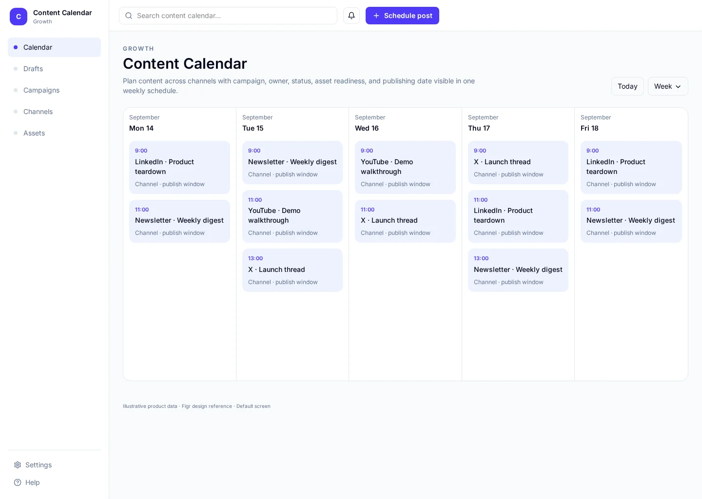 Content Calendar interface with Calendar and Drafts sections