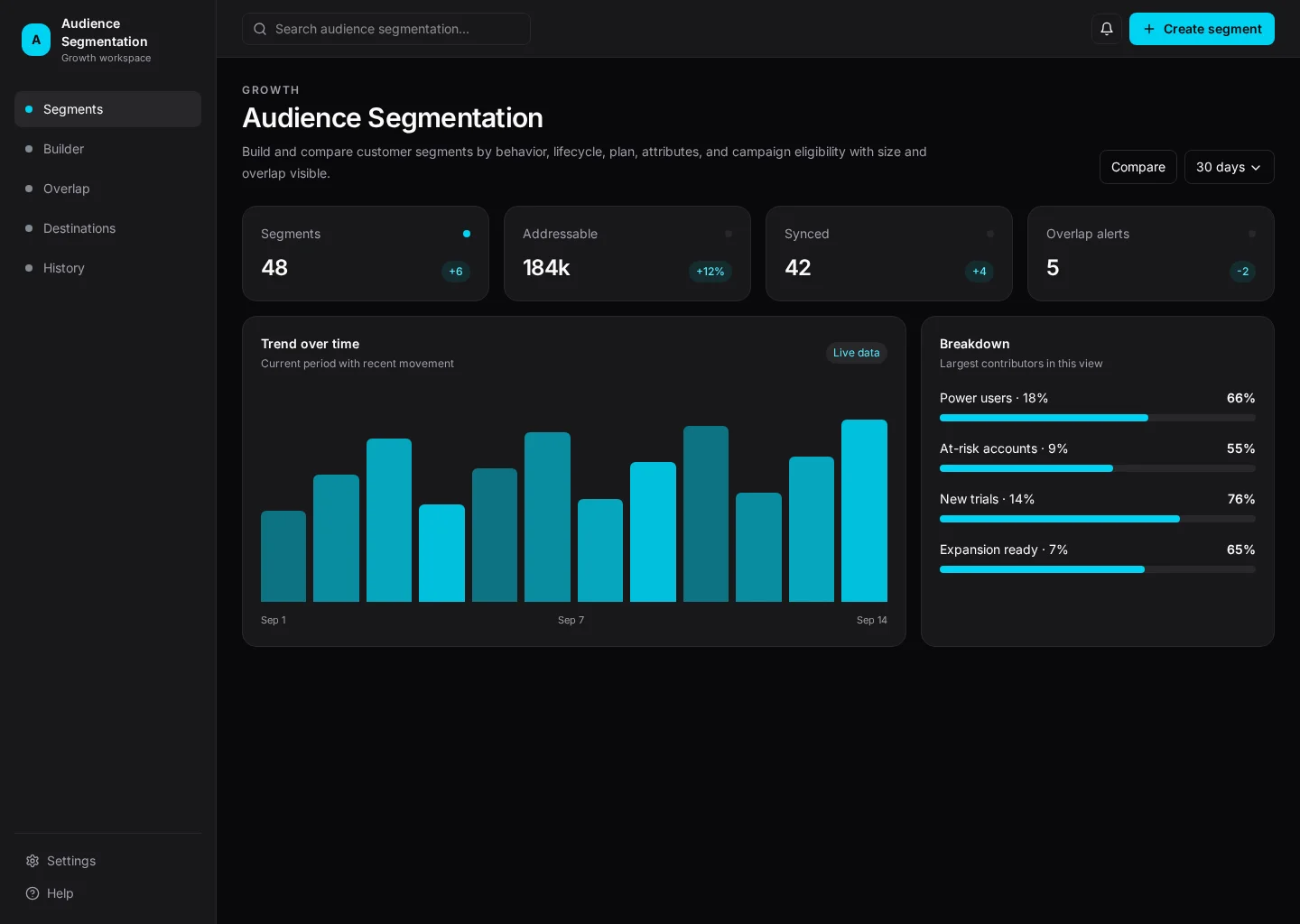 Audience Segmentation interface with Segments and Builder sections