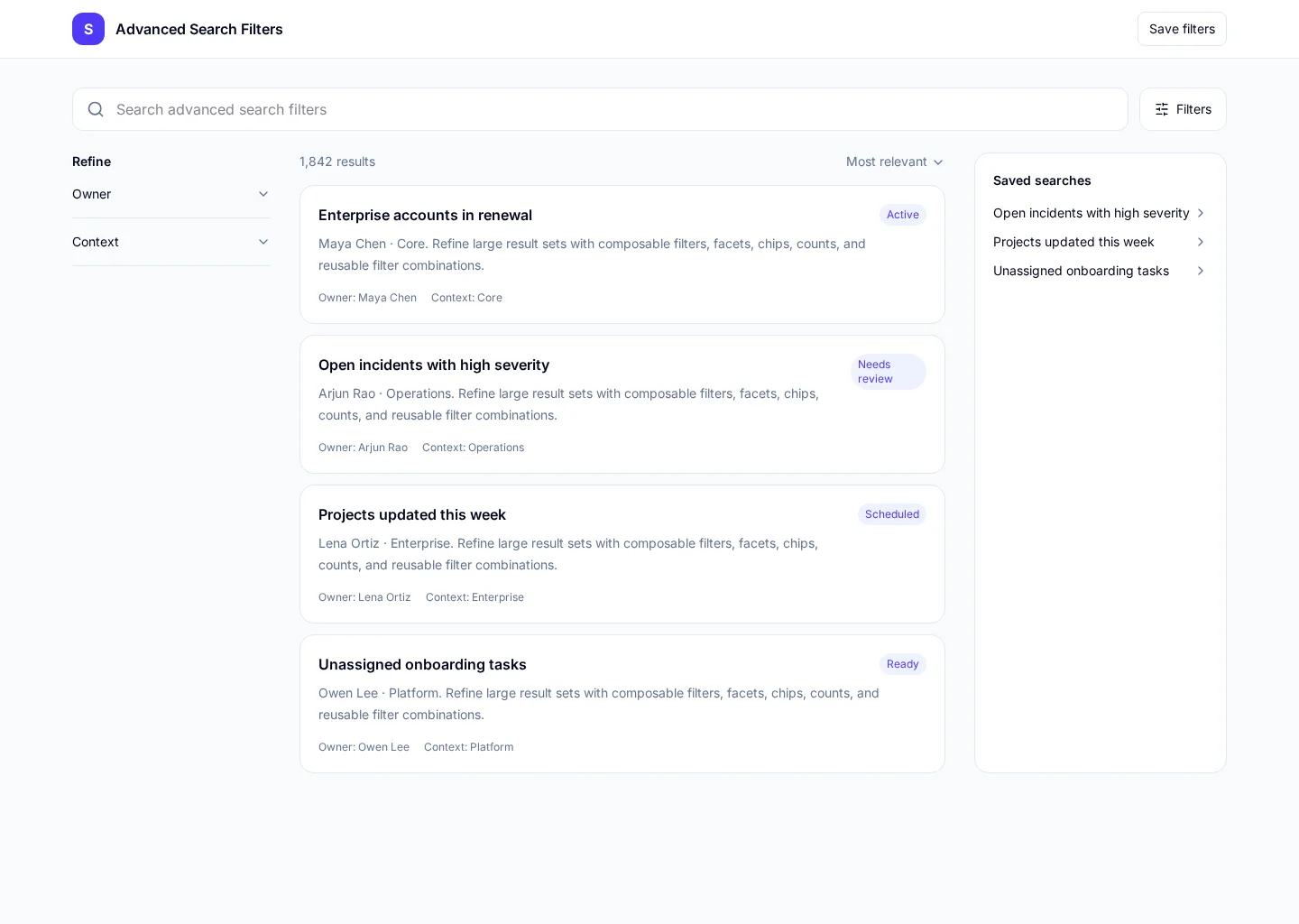 Advanced Search Filters interface with Results and Filters sections