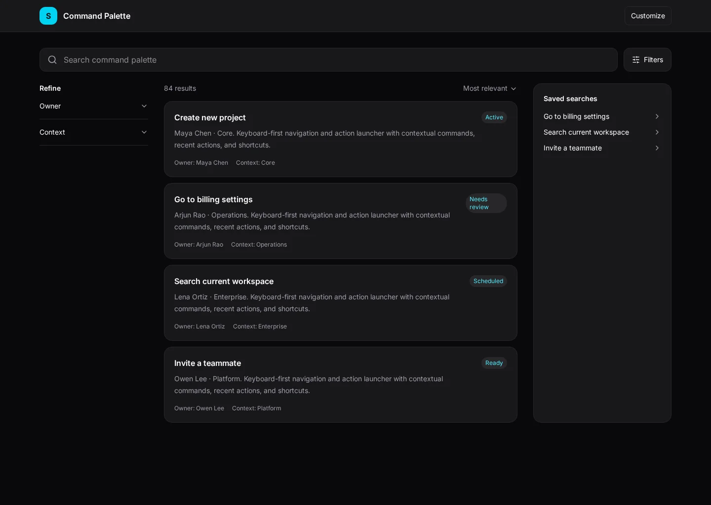 Command Palette interface with Commands and Recent sections