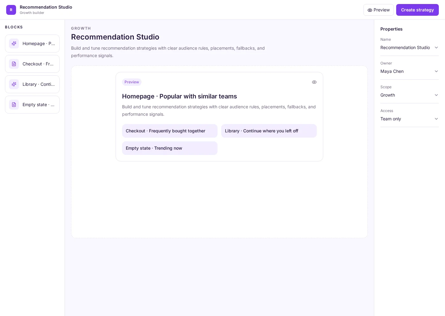 Recommendation Studio UI template screenshot
