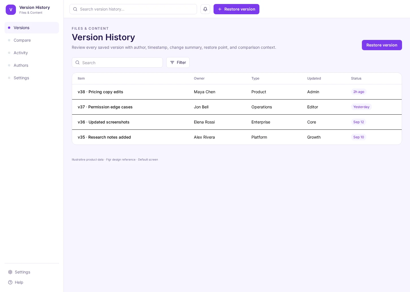 Version History UI template screenshot